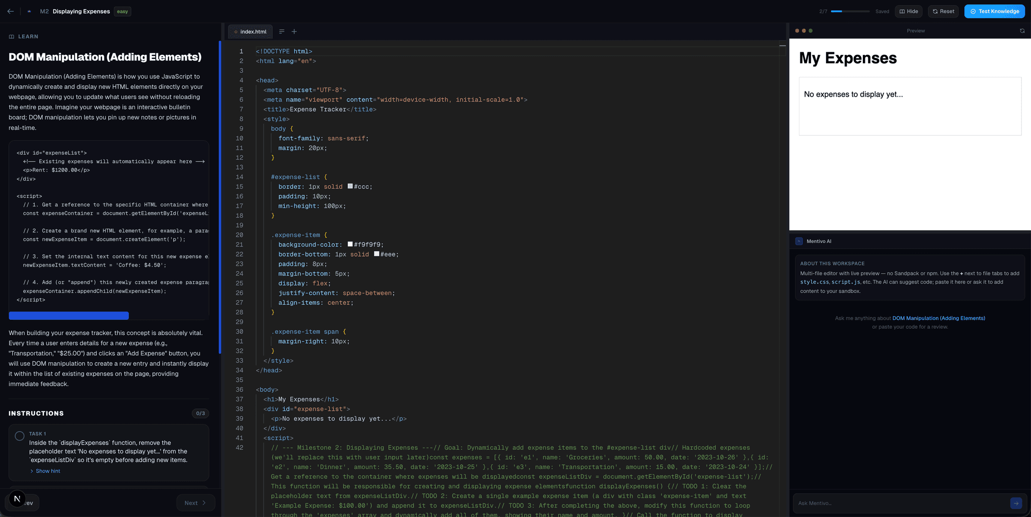 Mentivo milestone learning session with code editor